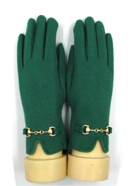 Women's Green Wool Blend Gloves with Gold Bit Accent